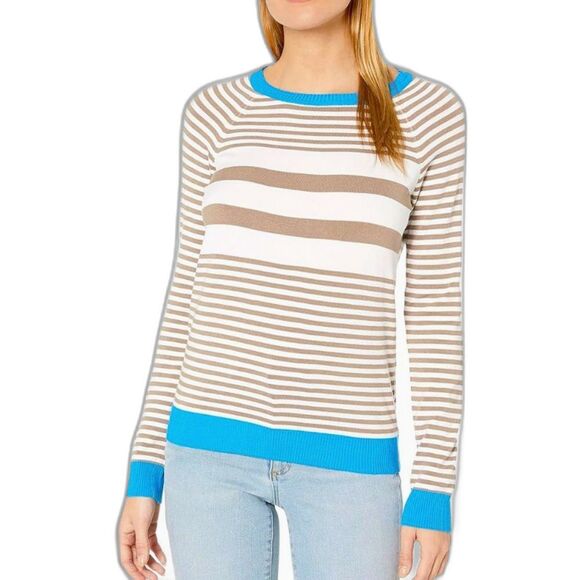 525 America NWOT White Taupe Striped Turquoise Trim LS Crewneck Sweater Size L - Picture 1 of 10